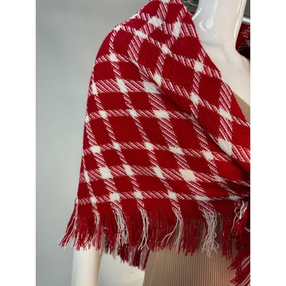 Red Plaid Scarf Shawl With Fringe 43" x 43" Polyester Blend - Picture 11 of 16